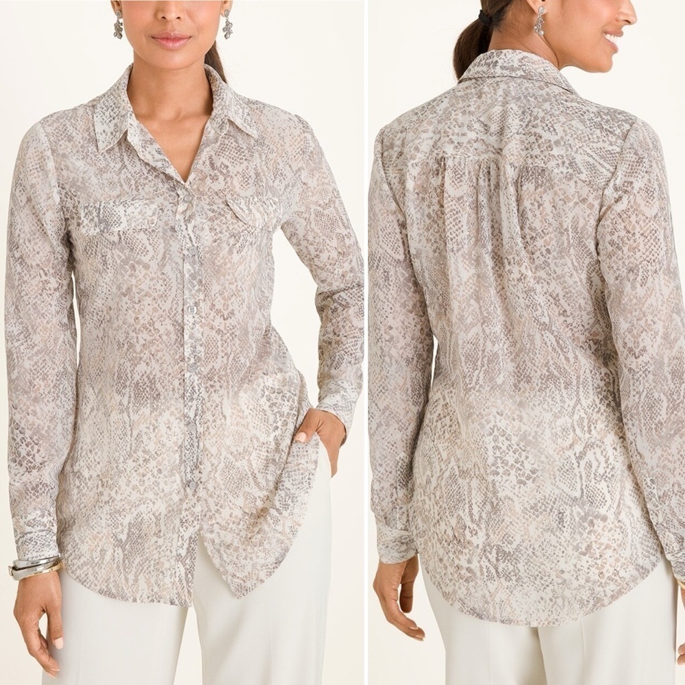 Chico’s Python Print Shirt 2 Large gray‎ neutral blouse top reptile snakeskin